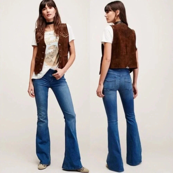 Free People Jeans Flare Leg Denim Jeggings Elastic Waist Pull On Blue Size 25 - Picture 6 of 10